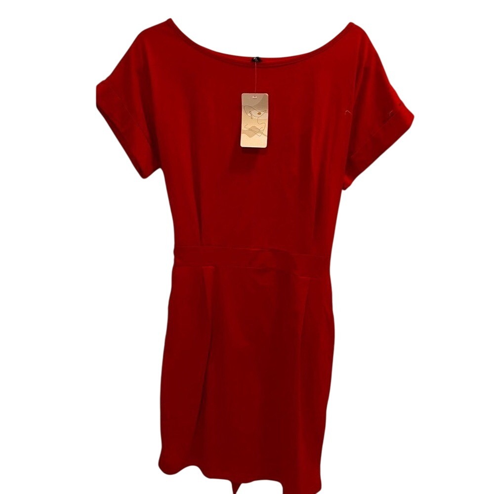 Fashion Red Boat Neck Sheath Dress Short Cuffed Sleeve Tie Back NWT Size L